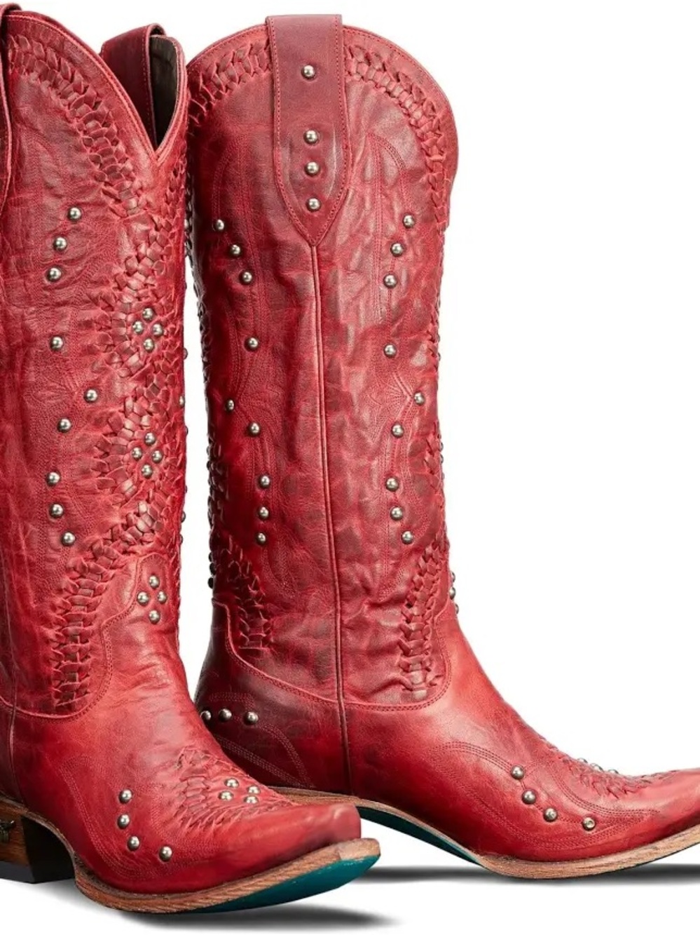 Red Studded Western Mid-Calf Boots - Women